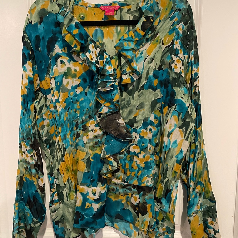 Sunny Leigh Teal, Mustard & Green Ruffle Front Blouse Jacket